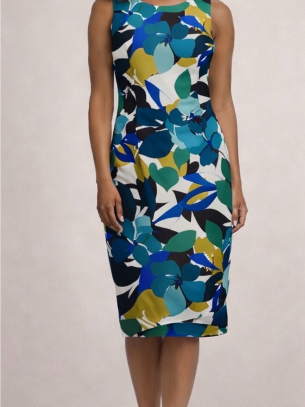 Calvin Klein Floral Sheath Midi Dress in Teal, Blue, Green & Gold